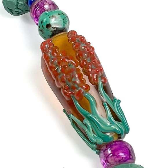 Blue Cinnabar Vase Bead Necklace w/ Blue Cats Eye Beads & Glass Lampwork Beads - Picture 6 of 12